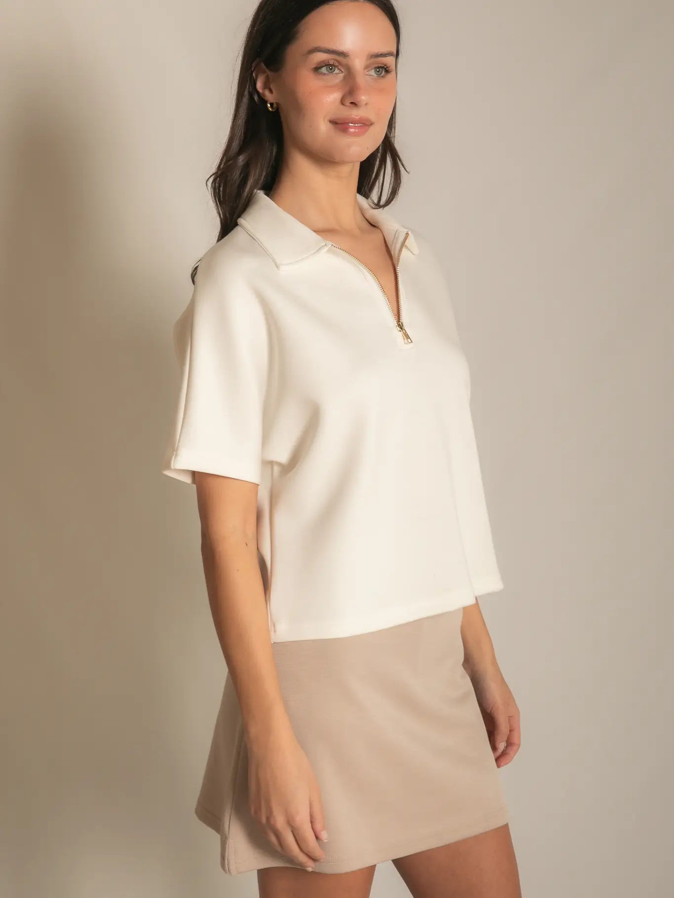 P. CILL Butter Modal Short Sleeve Quarter Zip Top in Ivory