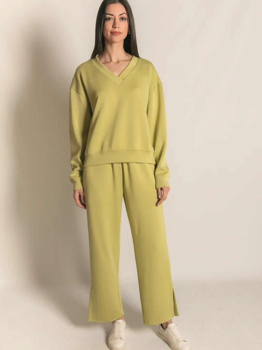 P. CILL Butter Modal Wide Leg Pants with Bottom Slits in Lemon Grass