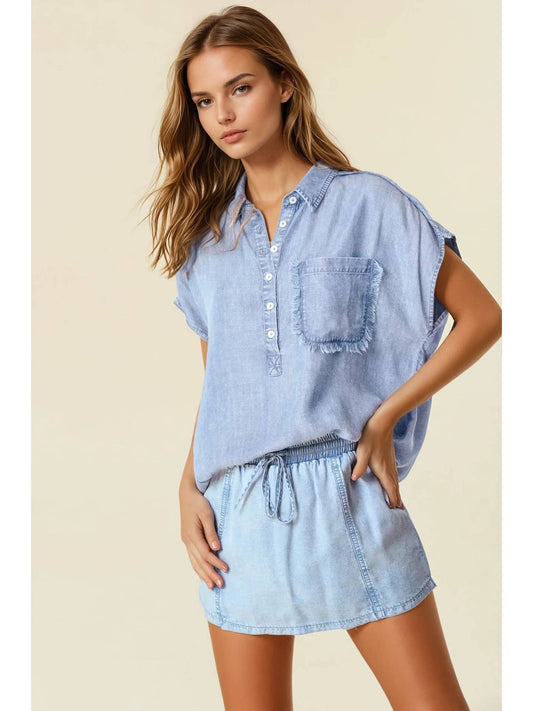 Josie Denim Fray Detailed Top
