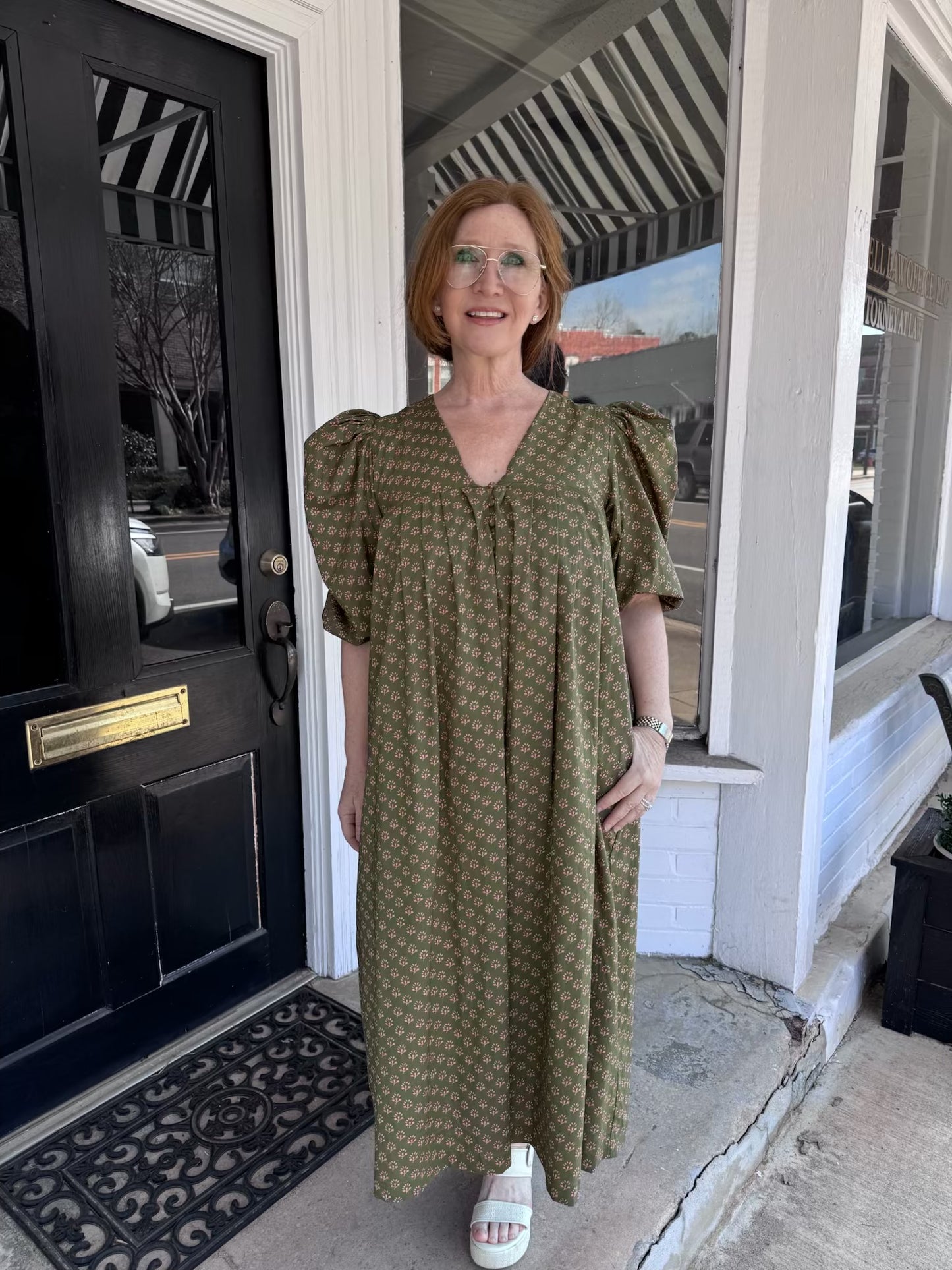 Poplin Puff Sleeve Midi Dress: Olive