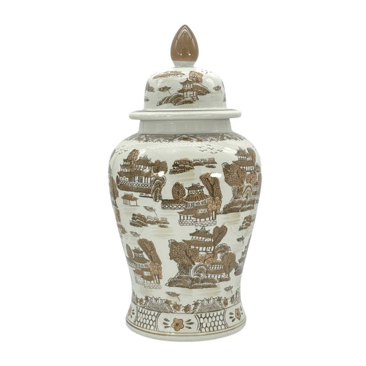 Brown & White Landscape Chinoiserie Jar 14"