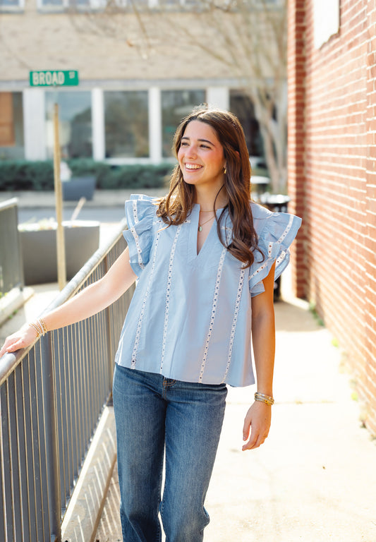 Lace Trim Poplin Top: Chambray