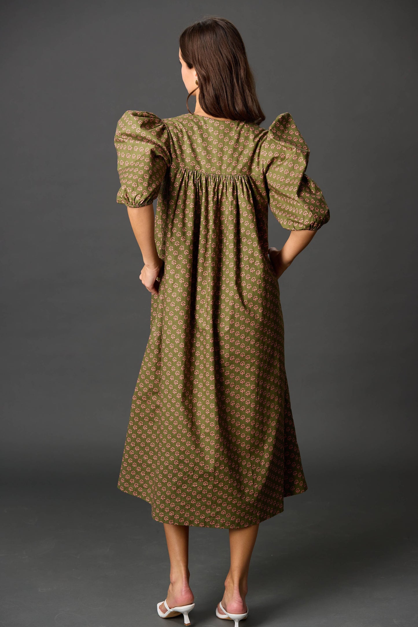 Poplin Puff Sleeve Midi Dress: Olive
