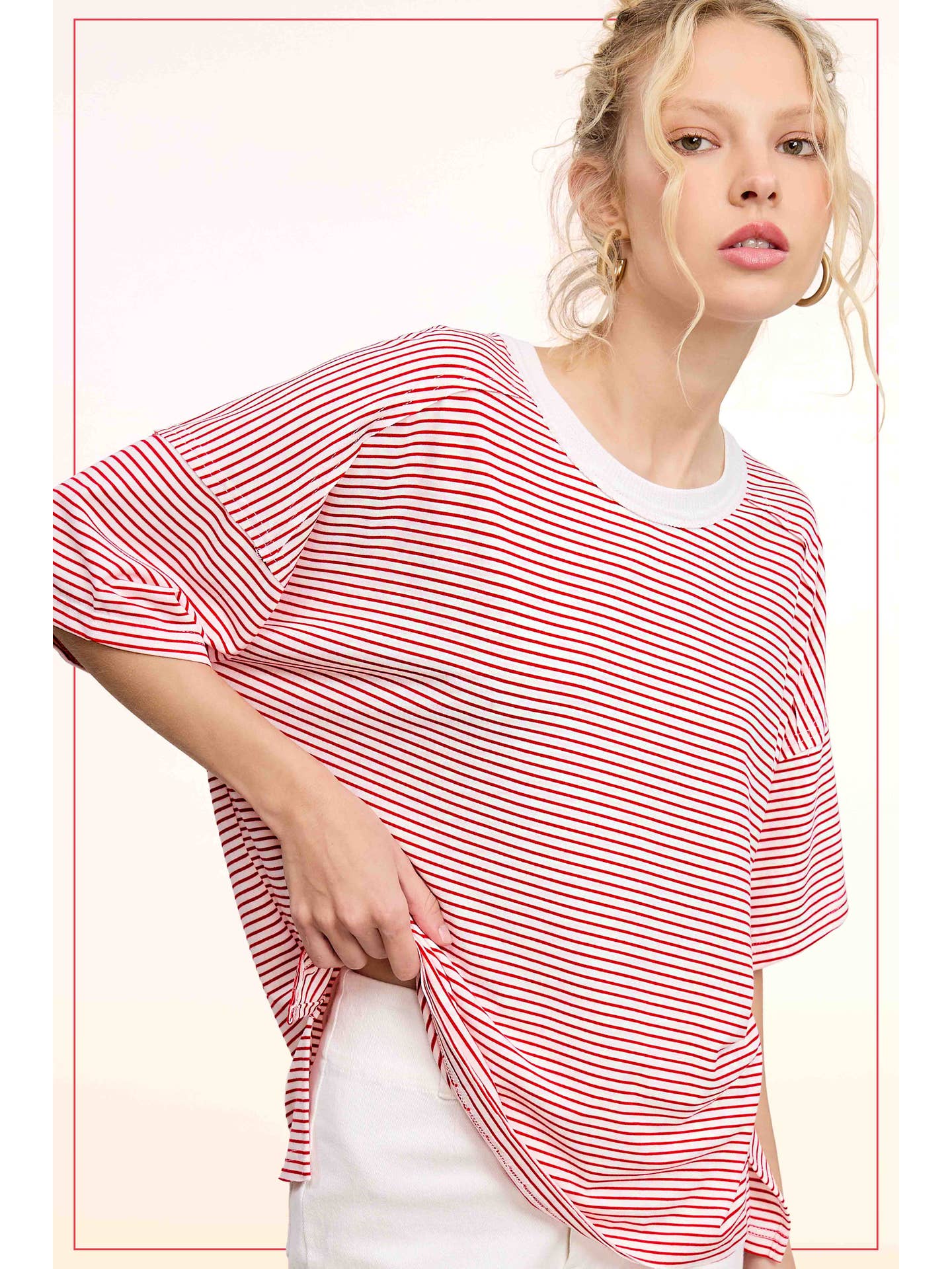 Striped Drop Shoulder Short Sleeve Top in Tomato