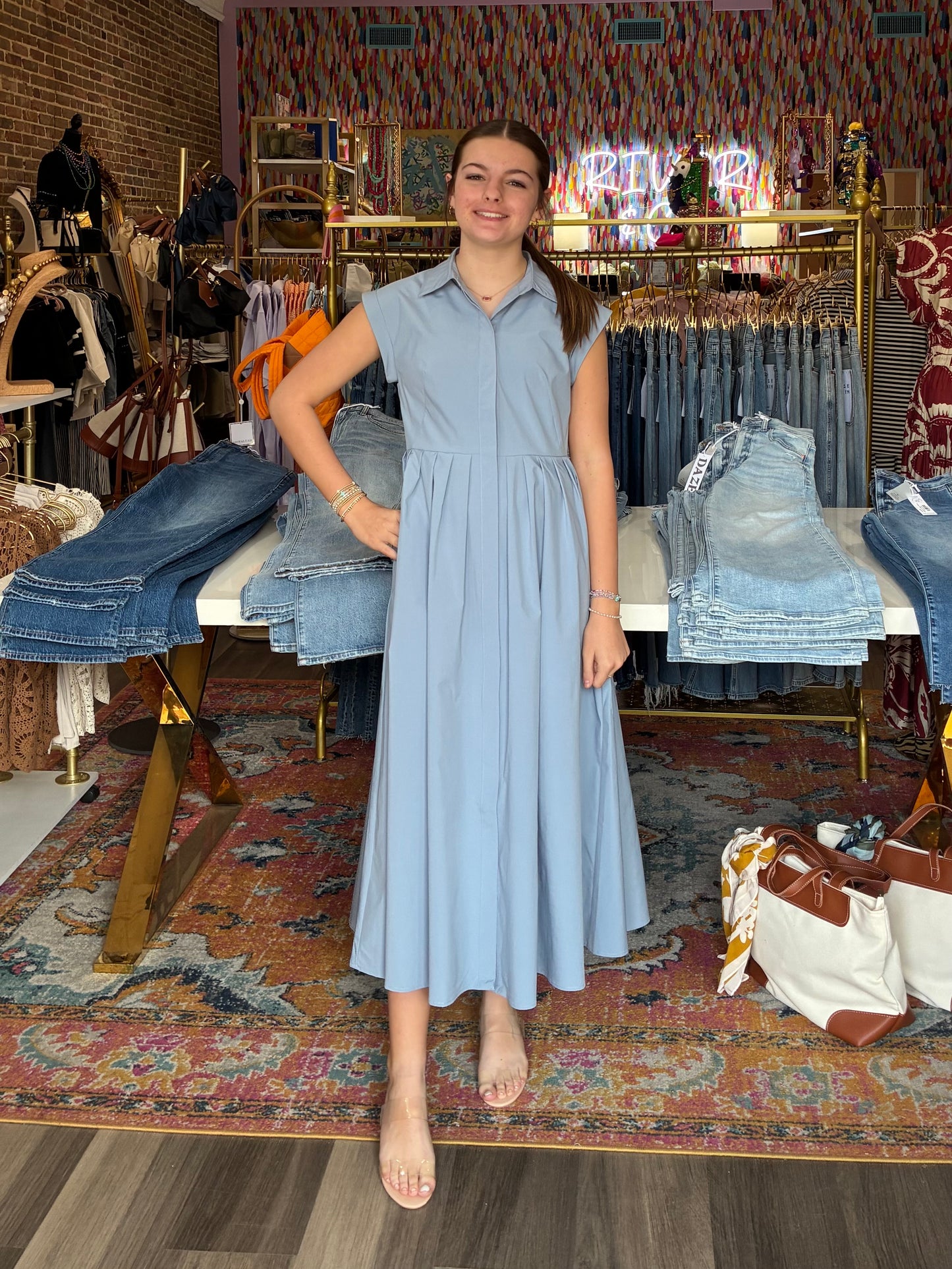 Maxi Taffeta Pleated Shirtdress Dusty Blue