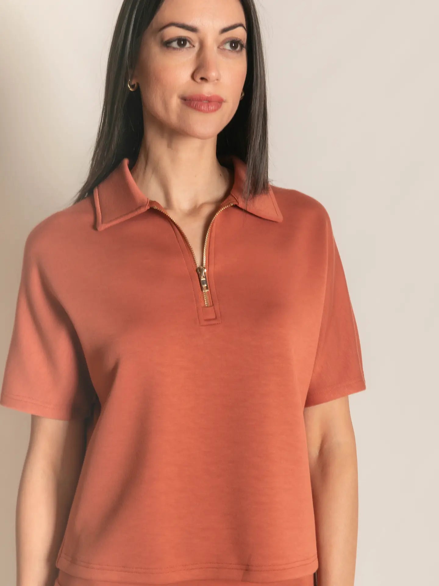 P. CILL Butter Modal Short Sleeve Quarter Zip Top in Dusty Rose