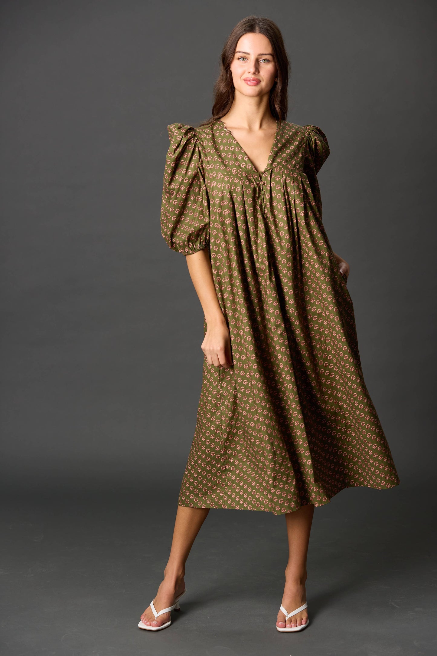 Poplin Puff Sleeve Midi Dress: Olive