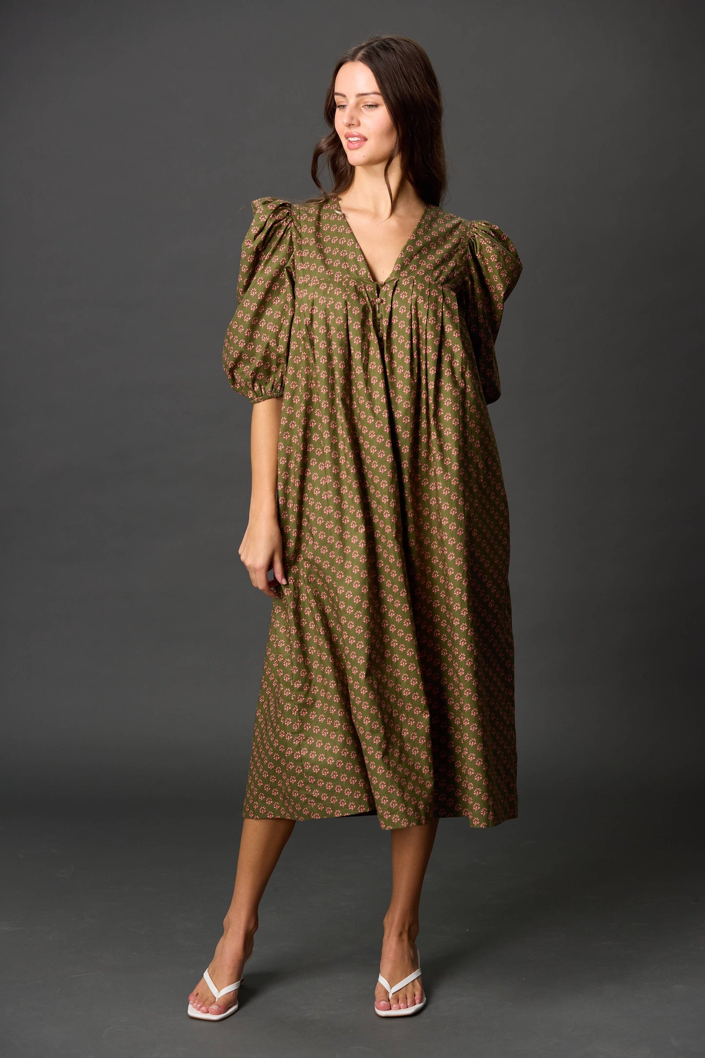 Poplin Puff Sleeve Midi Dress: Olive