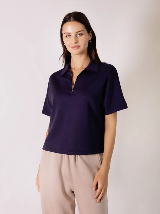 P. CILL Butter Modal Short Sleeve Quarter Zip Top in Navy