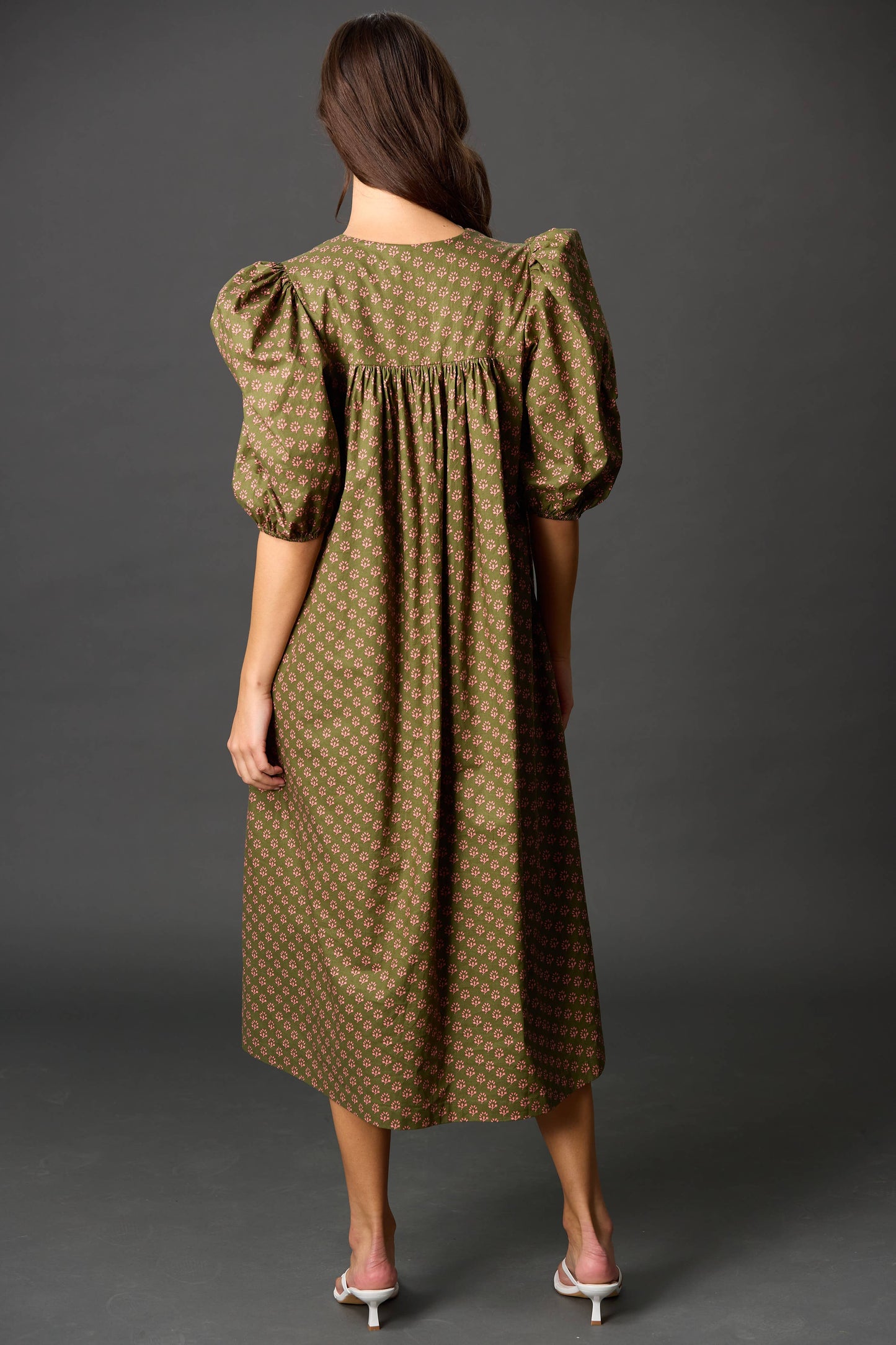 Poplin Puff Sleeve Midi Dress: Olive