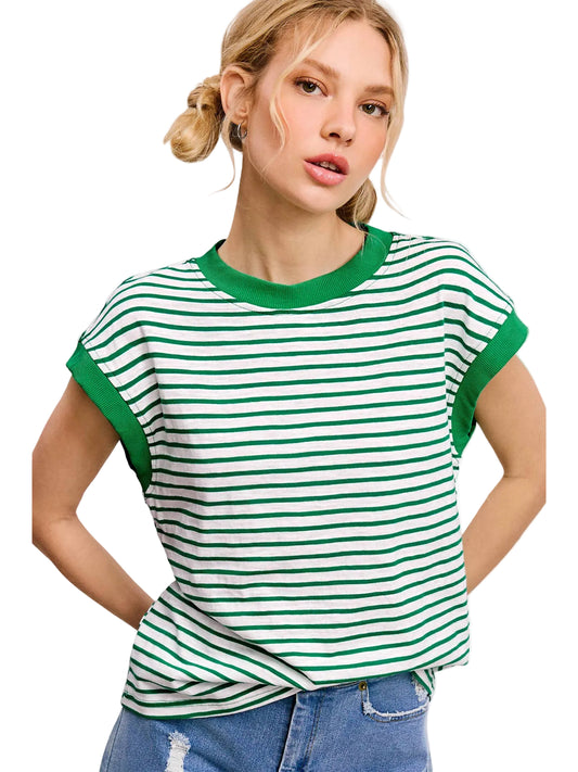 Cap Sleeve Striped Top in Apple Green
